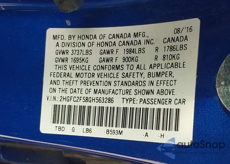 2016 Honda Civic Lx from USA, damaged, VIN 2HGFC2F58GH563286